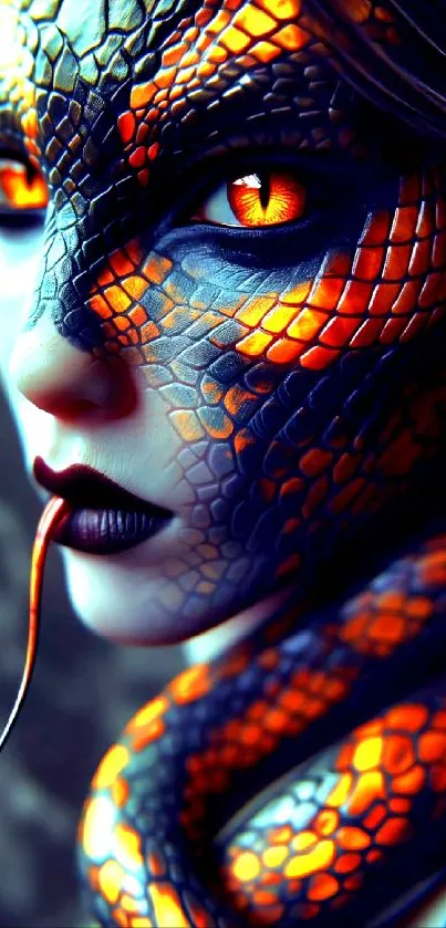 Mystical serpent lady with vibrant scales art.