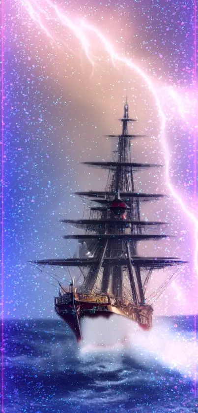 Fantasy ship sailing through a storm with vibrant lightning and purple hues.