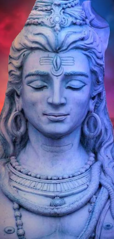 Serene Lord Shiva statue with colorful sky.