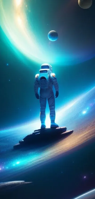 Astronaut on a colorful space landscape with planets glowing brightly in the background.