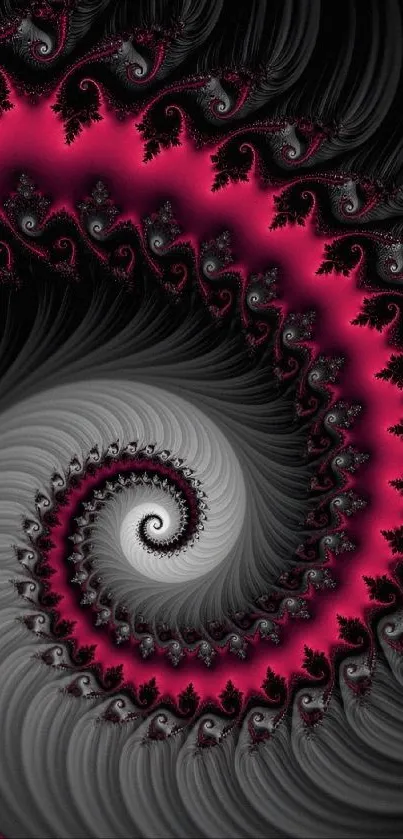 Mesmerizing spiral fractal design in black, gray, and deep magenta for mobile wallpaper.