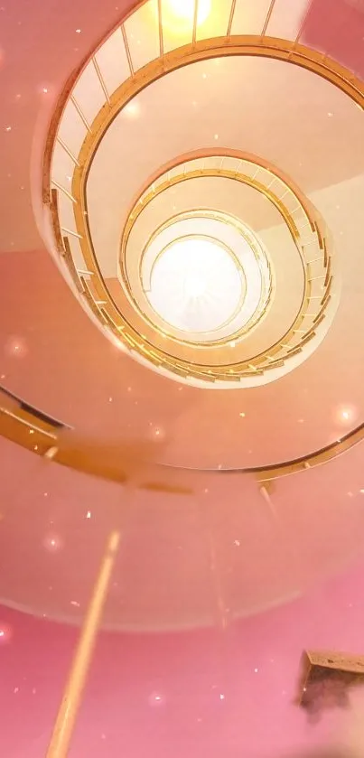 Dreamlike spiral staircase with pink and gold hues creating a mesmerizing effect.