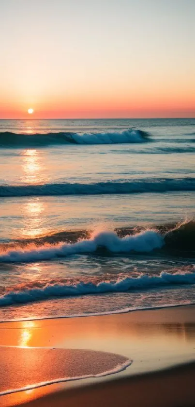 Sunset beach wallpaper with ocean waves and golden sand reflecting the evening glow.