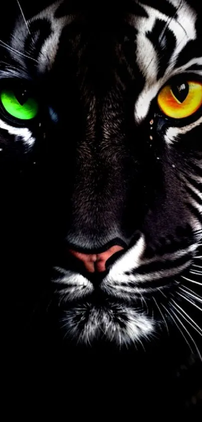 Mesmerizing tiger with vibrant eyes in dark, artistic wallpaper.