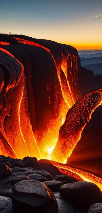 Glow of volcanic lava flowing under a sunset sky with rocky foreground.