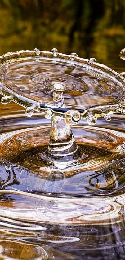 Close-up of a water drop splash with golden brown reflections.