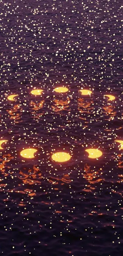 Abstract glowing circular lights on water at dusk in vibrant purple tones.