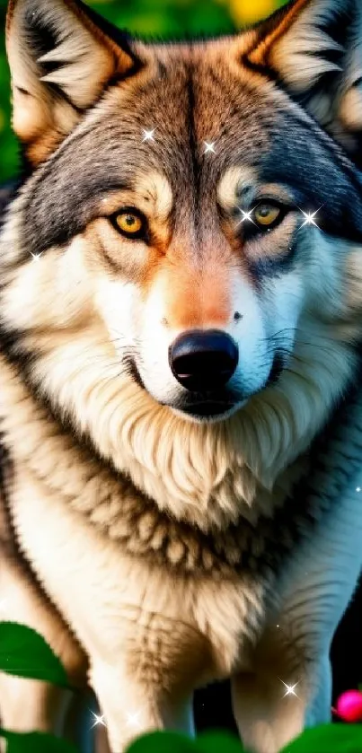 A wolf standing amidst colorful roses and green foliage.