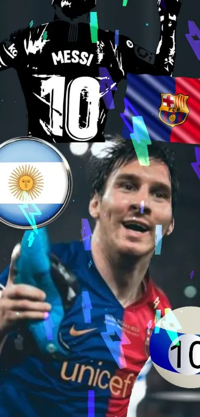 Lionel Messi themed wallpaper with football icons and national flags.