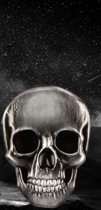 Metal skull against a starry night sky for mobile wallpaper.