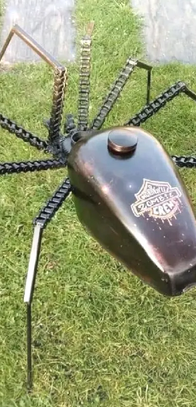 Metal spider sculpture on green grass.