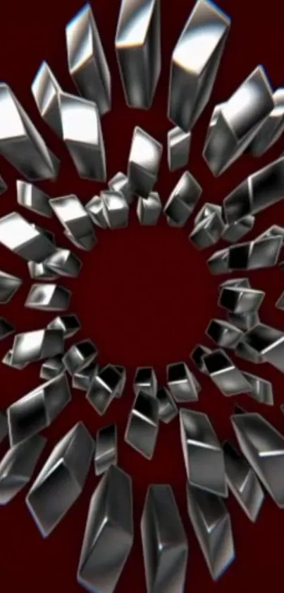 Silver 3D shapes on dark red geometric wallpaper.