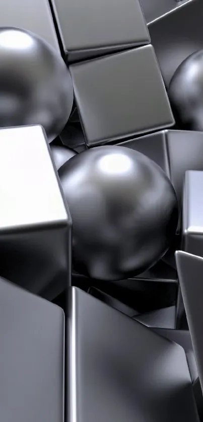 Metallic 3D shapes mobile wallpaper with cubes and spheres.