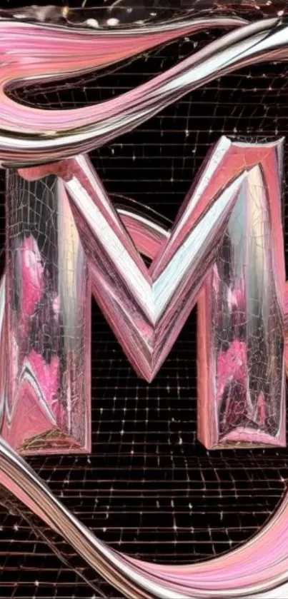 Metallic 3D letter M on abstract background.