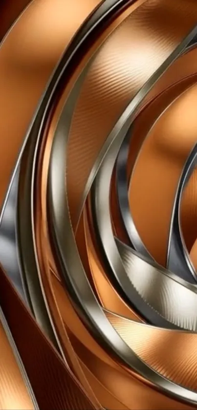 Metallic abstract wallpaper with bronze and silver swirls.
