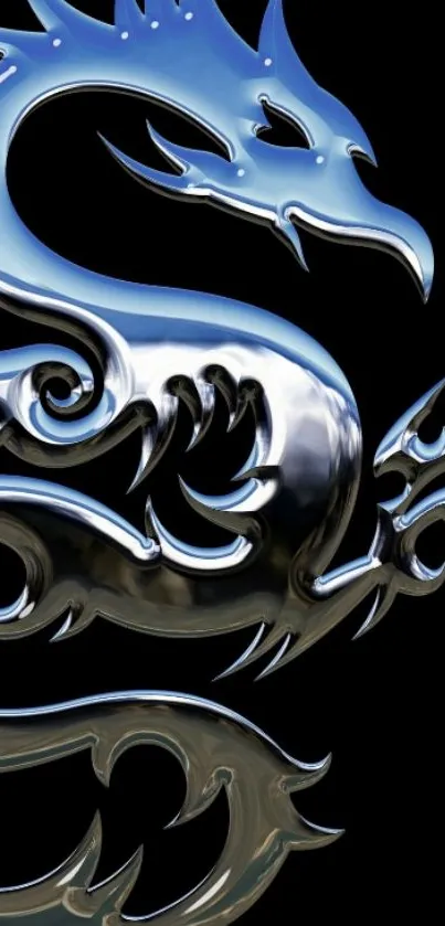 Metallic blue dragon design on a dark background.