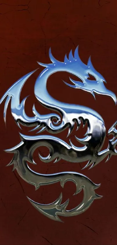 Metallic dragon design on dark red background wallpaper.