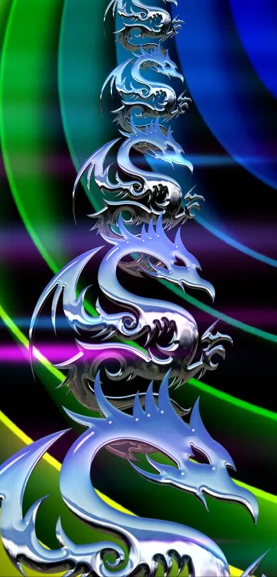 Metallic dragon with vibrant colors and intricate design on mobile wallpaper.