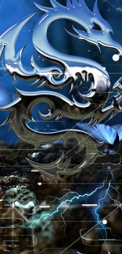 Metallic silver dragon on vibrant blue background in fantasy art style.