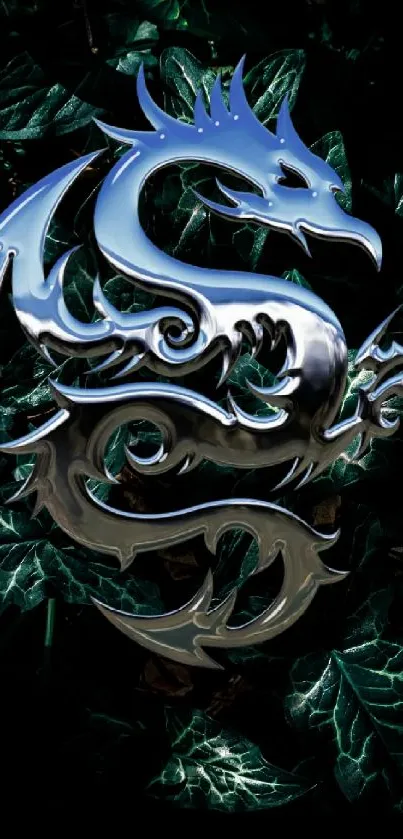 Metallic dragon with dark leafy background design.