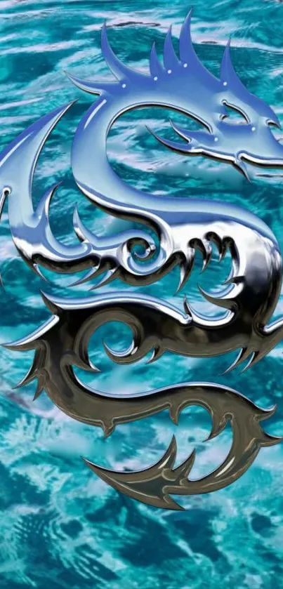 Metallic dragon on aqua waves wallpaper for mobile