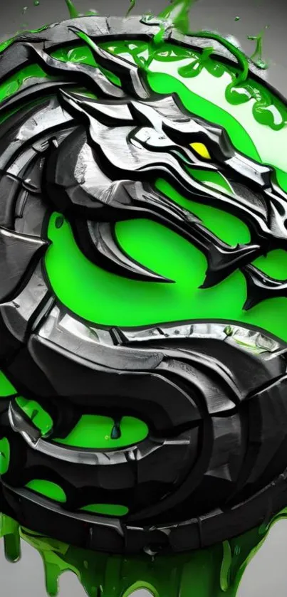 Metallic dragon emblem on neon green background.