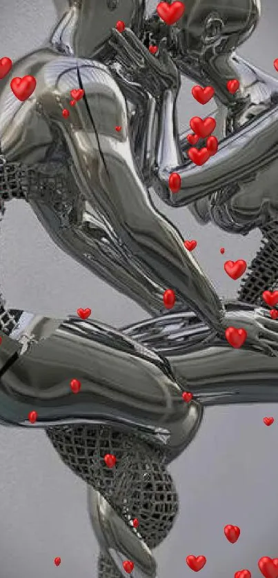 Silver figures embracing with red hearts in artistic wallpaper.