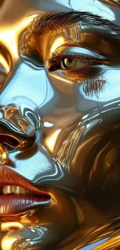 Futuristic metallic face art with a glossy finish.