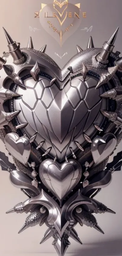 Intricate metallic heart art with spikes in a futuristic design on a phone wallpaper.