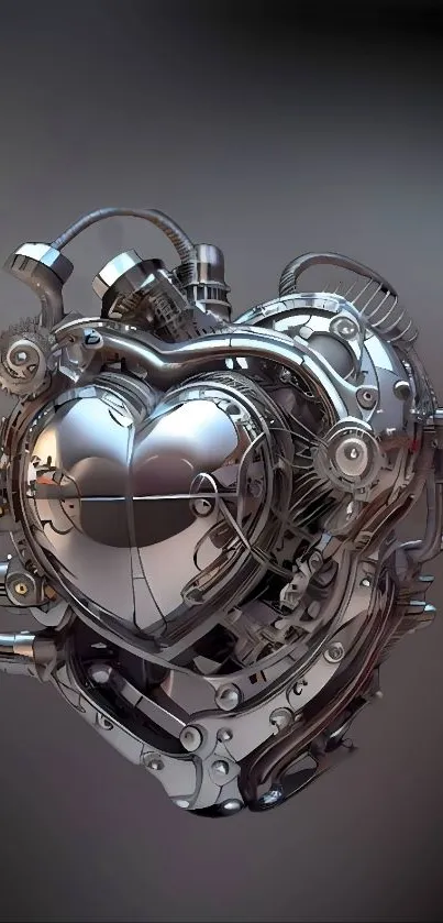 Futuristic metallic heart machine with gears on a dark background.