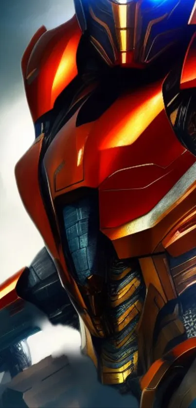 Vivid artwork of a metallic robot in orange hues, showcasing futuristic armor.