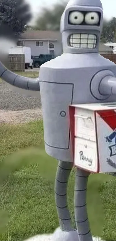 Metallic robot holding a Pabst Blue Ribbon box