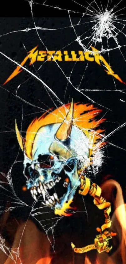 Skull design with fiery accents on a dark mobile wallpaper.