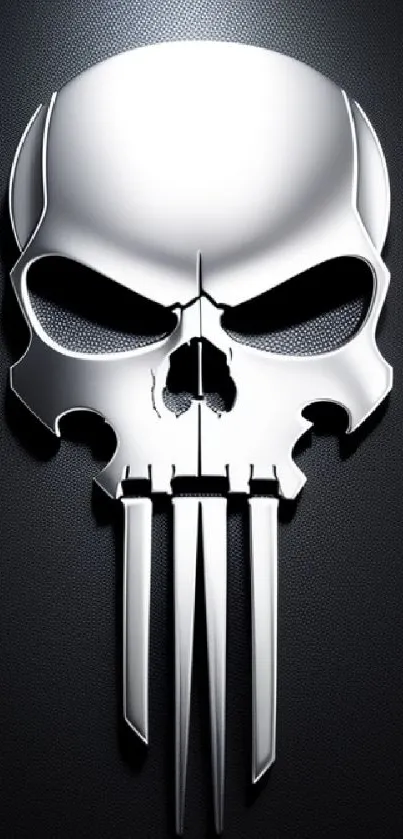 Silver metallic skull on dark textured background, perfect for mobile wallpaper.