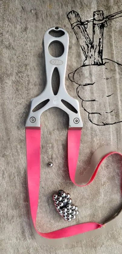 Metallic slingshot with pink bands on textured gray background.