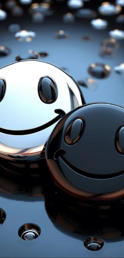 Shiny black and silver smiley faces with reflective droplets.