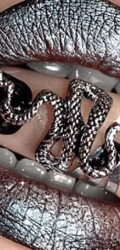 Metallic silver lips with a snake ring in trendy wallpaper design.