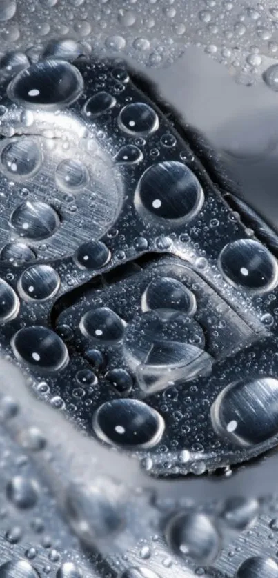 Metallic surface with water droplets in high detail.