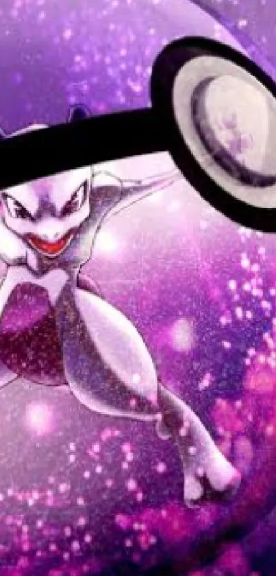 Dynamic Mewtwo in a purple glowing Poké Ball wallpaper.