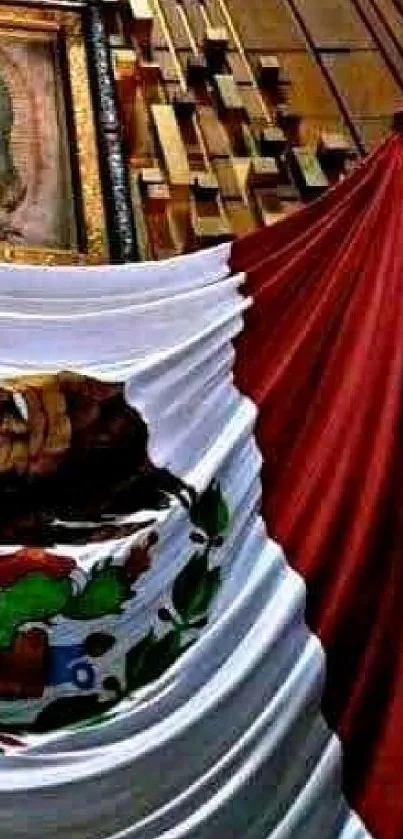 Mexican flag drapes beside iconic art on a mobile wallpaper.