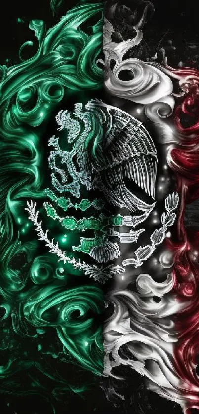 Artistic Mexican flag wallpaper with swirling red, green, and white smoke.