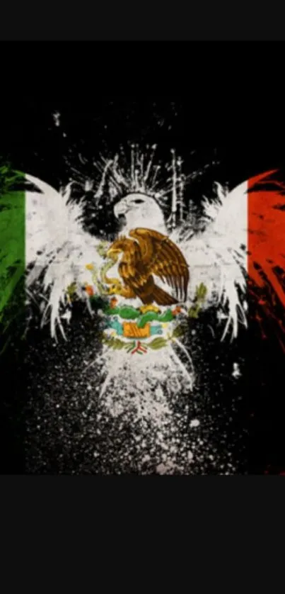 Mexican flag art with a soaring eagle design on a black background.