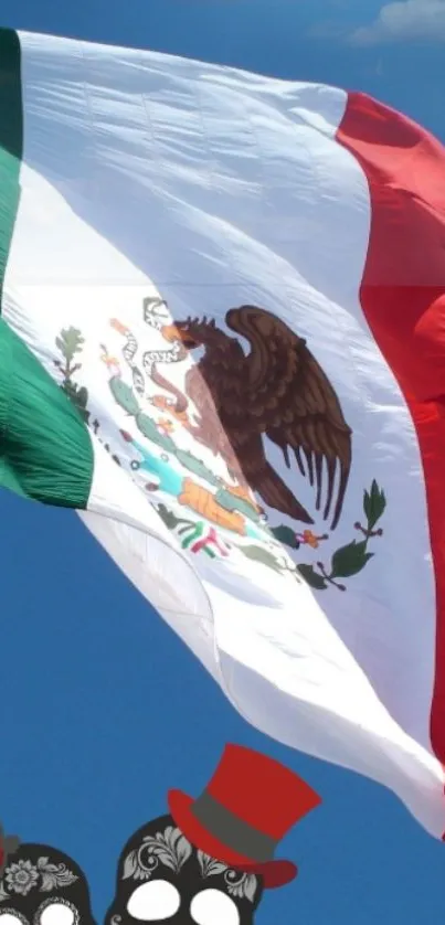 Mexican flag waving against a clear sky, perfect for mobile wallpaper.