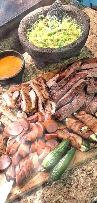 A vibrant display of Mexican grilled meats and accompaniments.