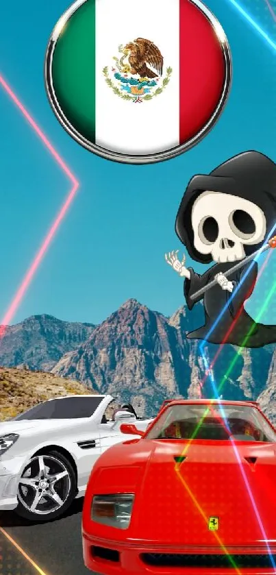 Mexican flag, skull, and cars on desert road with mountains.