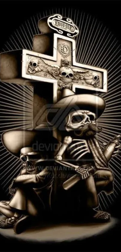 Mexican skeletons with cross mobile wallpaper, dark theme.