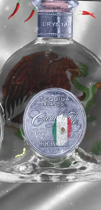 Tequila bottle with Mexican flag on silky silver background.