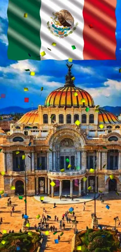 Palacio de Bellas Artes with Mexican flag and blue sky background.