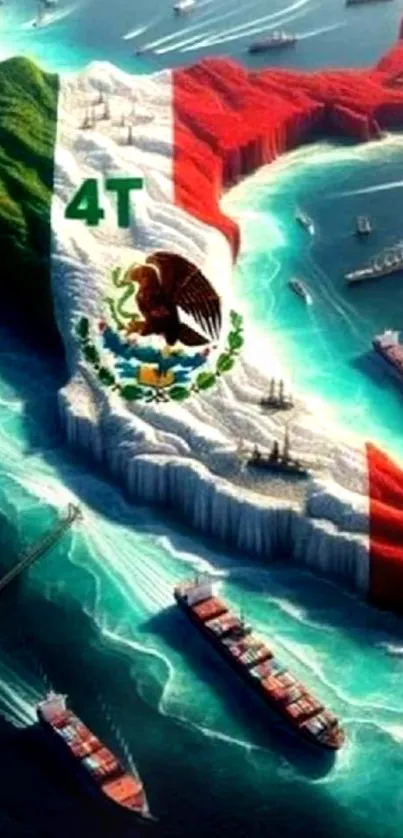 3D Mexican flag in ocean with ships.