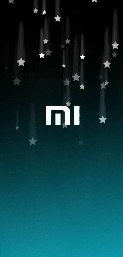 Mi logo on gradient black to teal background.